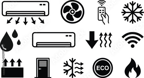 Air Conditioner and HVAC Icon Set with Cooling Fan Remote Control Temperature Adjustment and Climate Control Symbols Vector Illustration