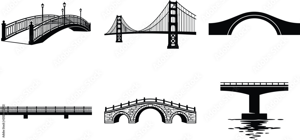 Φωτογραφία Bridge vector icon set featuring suspension arch stone and pedestrian overpass s