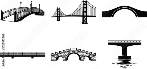 Obraz na plátně Bridge vector icon set featuring suspension arch stone and pedestrian overpass s