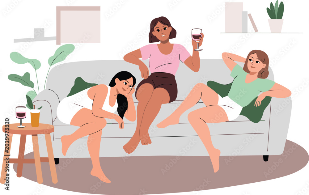 Obraz premium Women friends relaxing on sofa vector illustration, happy female group drinking wine at home