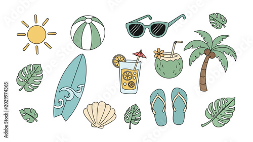 Fotografie Summer Vacation Collection: A vibrant assortment of illustrated summer vacation elements, including a sun, beach ball, sunglasses, surfboard, tropical drink, coconut drink, flip-flops, palm tree