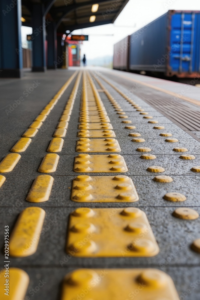 Fototapeta premium Tactile warning surfaces guide visually impaired people on train station platform edges. Yellow raised patterns indicate danger spots for safety, preventing falls near tracks.