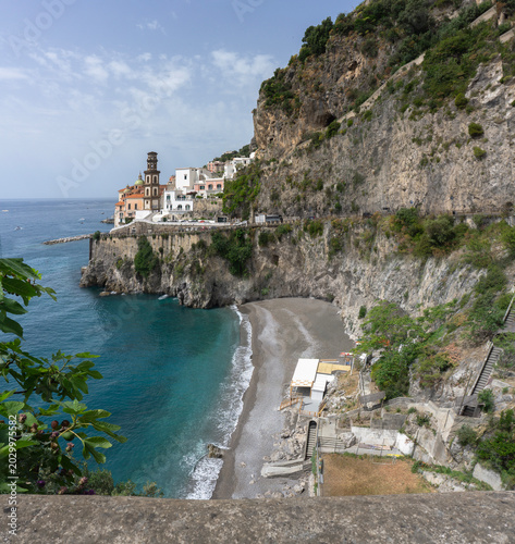 Atrani - Amalfi coast - facade of baroque church Chiesa di Santa Maria Maddalena and Lido di Ravello beach