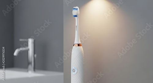 Electric toothbrush with soft bristles illuminated by warm spotlight in minimalist bathroom vanity