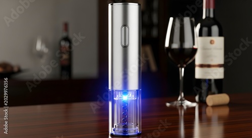 Electric wine opener with blue light glows during use beside a wine bottle and glass on a wooden table