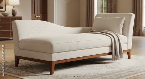 Elegant cream chaise lounge with wooden frame and soft throw in a well-lit luxurious living room