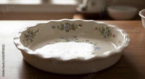 Empty ceramic pie dish with floral pattern on wooden table with soft natural light