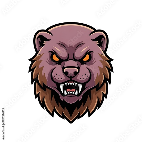 Fierce bear mascot head with glowing orange eyes bared teeth and angry expression in a vector illustration style