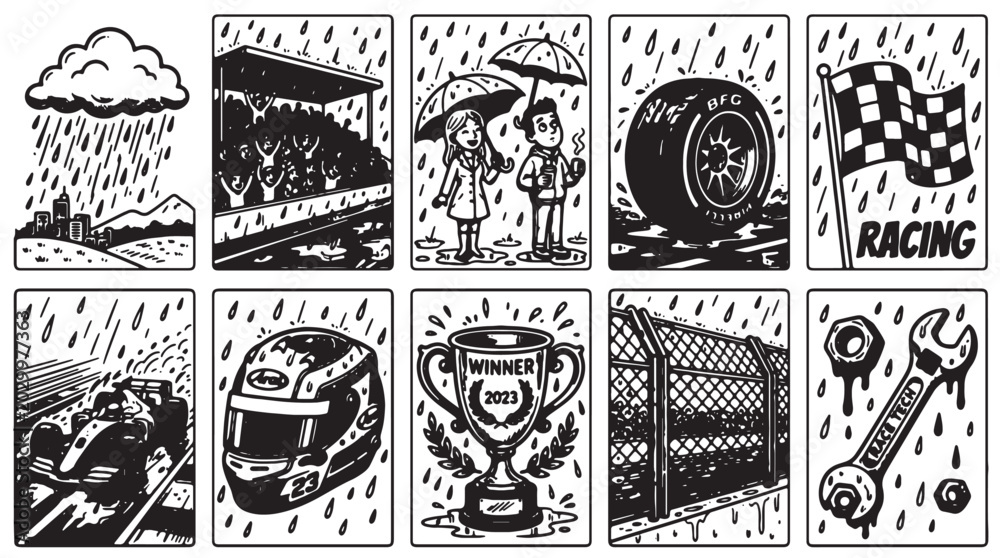 Fototapeta premium Racing, motorsport, speedway icons, black and white, 9 elements, vector graphics