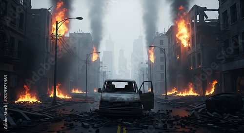 Post apocalyptic cityscape with burning buildings and abandoned vehicle