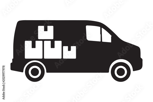 Delivery van with stacked boxes graphic black and white silhouette