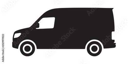 Black van side view silhouette against a white background silhouette