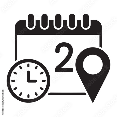 Calendar with date twenty and clock icon location marker flat vector silhouette