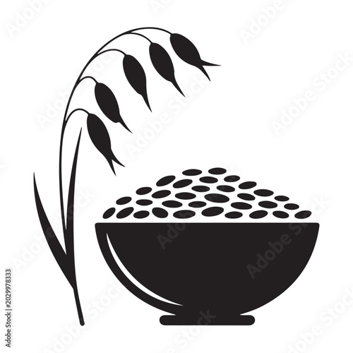 Bowl of grain with wheat stalk black and white silhouette
