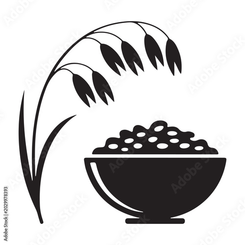 Black silhouette of rice stalks and a bowl of grain on a white background silhouette