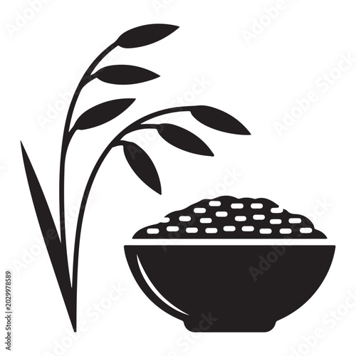 Bowl of grain with rice plant stalks black and white silhouette