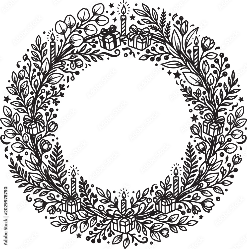 Obraz premium Decorative birthday circular frame with presents leaves candles flowers stars and party elements isolated on transparent background vector illustration set.