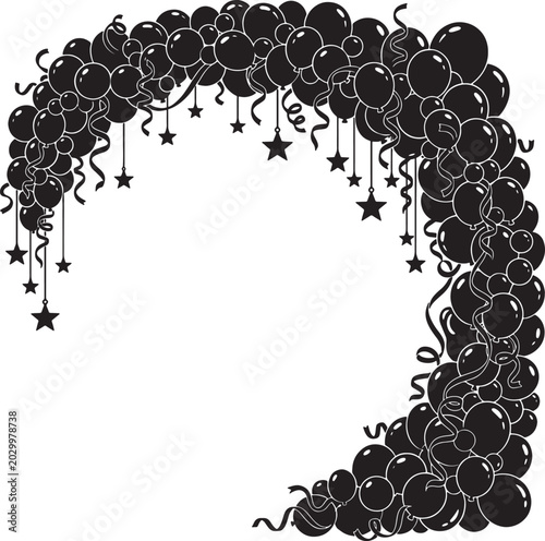 Elegant black balloon garland arch border frame with hanging stars and twisted ribbons for festive party decorations greeting cards and event design elements.