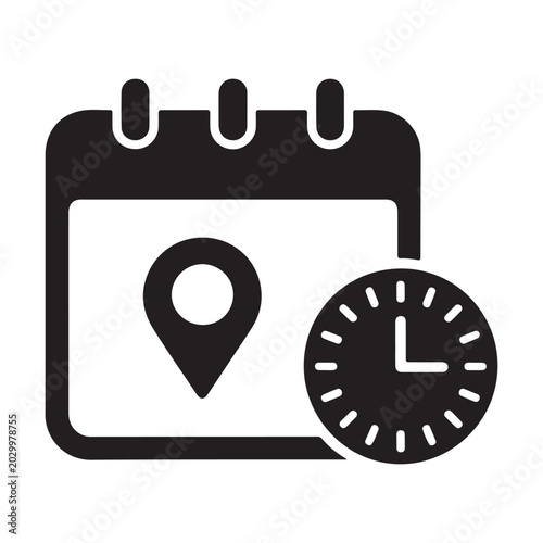 Calendar with location pin and clock icon black silhouette