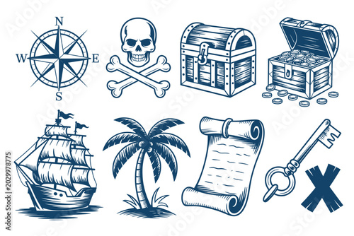 Canvastavla Vintage pirate icon collection vector set featuring compass, skull and crossbone