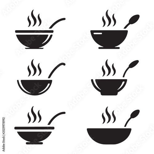 Collection of steaming bowl silhouettes with spoons black on white background silhouette