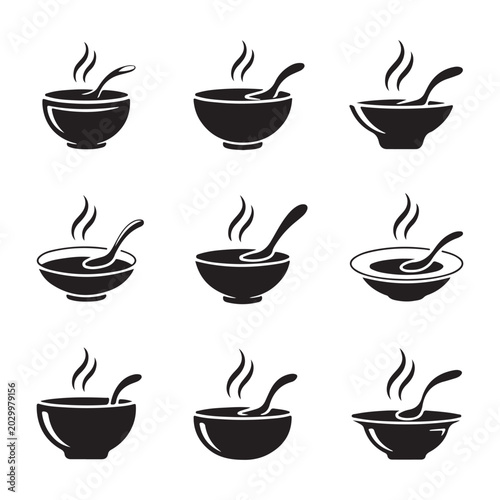 Collection of steaming bowl silhouettes with spoons black on white background silhouette