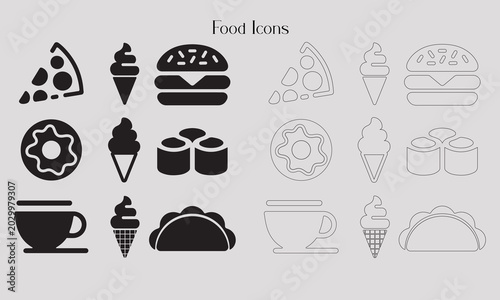 Minimalist Fast Food Icon Set.Solid Black and Thin Line Web Graphic Elements