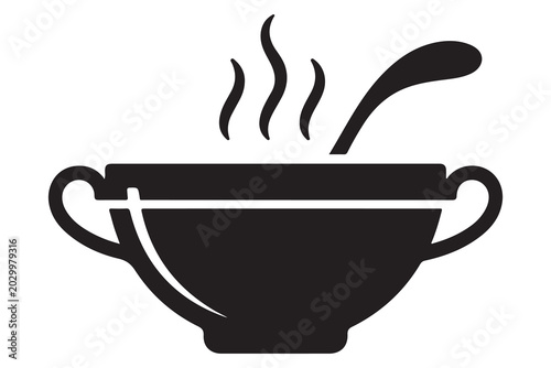 Black silhouette of a bowl of soup with ladle and rising steam isolated on white background silhouette