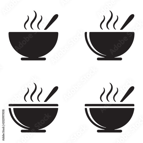 Four black bowl silhouettes with steam and chopsticks on a white background silhouette