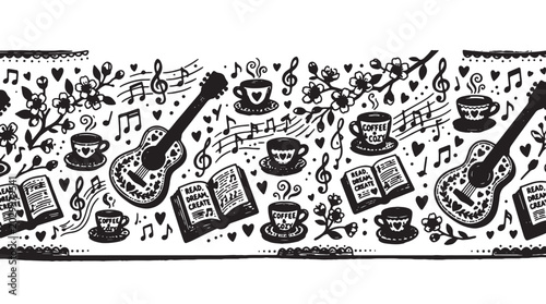 Foto Black and white music icons, coffee cup illustrations, guitar and book graphics,