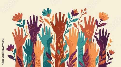Diverse and colorful hands raised up to symbolize unity and participation.