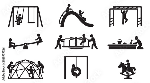 Bild auf Leinwand Playground icons, kids playground equipment, black silhouette symbols, vector gr