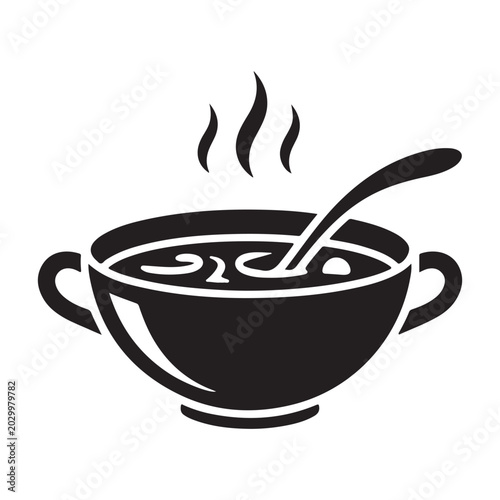 Black silhouette of a steaming bowl of soup with a spoon isolated on a white background silhouette