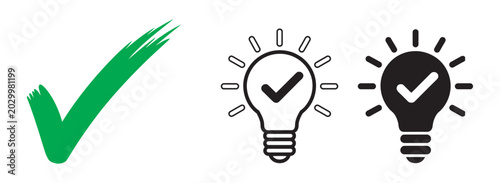 Photos Success concept, checkmark with two lightbulb icons representing ideas and solut
