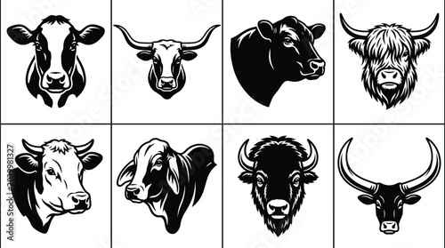 Konstfotografi Collection of eight black and white cow and bull head in grid layout