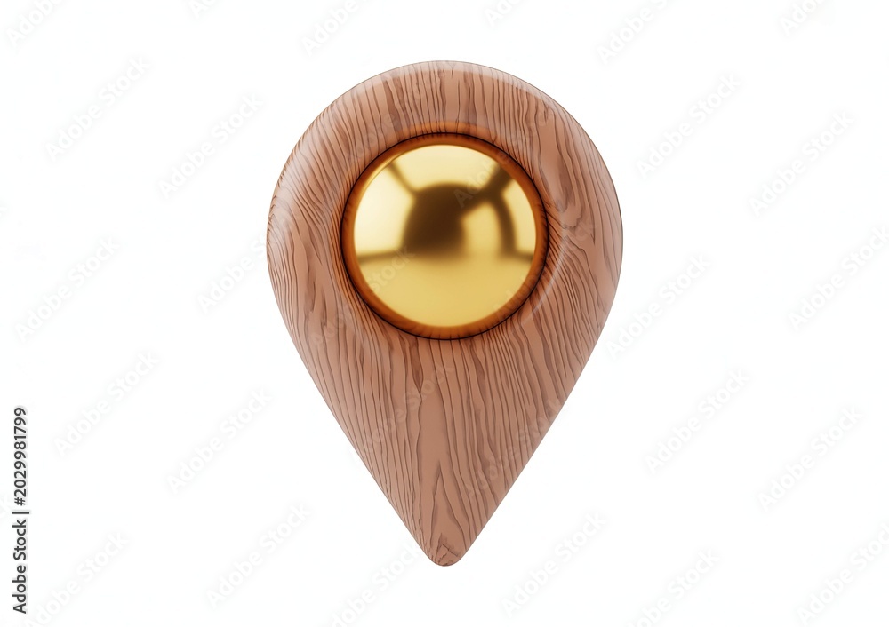 Fototapeta premium 3d rendered wooden location pin with gold center map marker