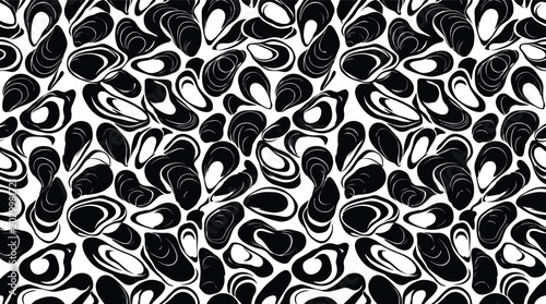 Obraz na plátně Seamless pattern featuring stylized black mussel shell shapes on a white backgro