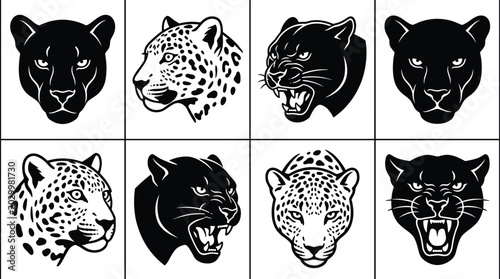 Cuadro en lienzo Collection of eight black and white featuring panther and leopard heads in vario