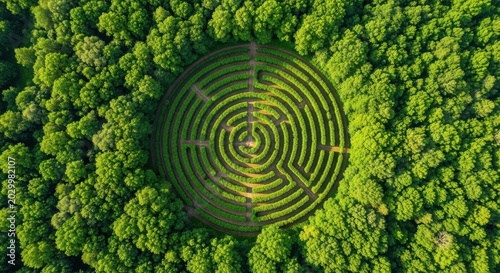 Stunning aerial view of a green hedge maze nested within a lush forest