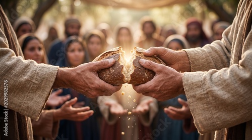 Man breaking loaf of bread in front of crowd. Biblical scene of sharing food in nature. Historical tradition of breaking bread. Religious symbol of nourishment, unity and blessing.