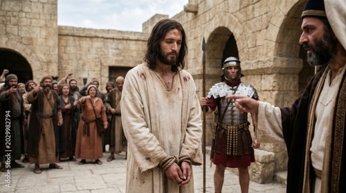 Jesus stands bound with rope before a Roman official among an angry crowd. Historical biblical scene depicting the trial of Christ. Religion, sacrifice and faith concept.
