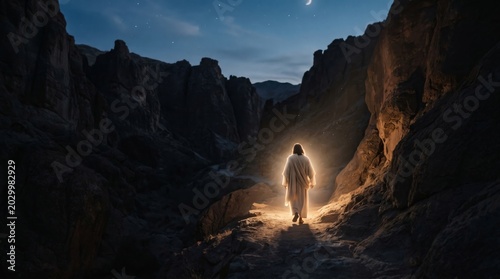 Jesus walking through a dark mountain canyon at night with divine light glowing from his back. Concept of faith, guidance, hope, and spiritual journey. Biblical scene for religion.