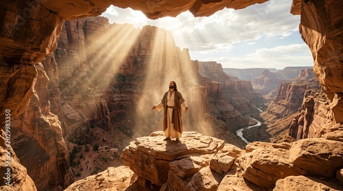 Man dressed as Jesus standing on rock formation in desert canyon with sun rays beaming from above. Religious figure in nature landscape. Spiritual enlightenment and biblical scene concept.