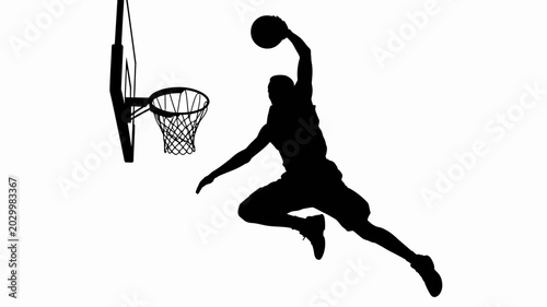 Fotografie basketball player silhouette dunking on hoop against white background