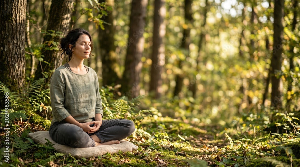Obraz premium Peaceful Woman Meditating in Sunny Forest