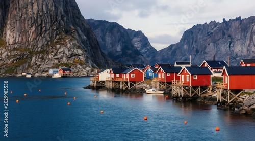 Fishing village with red houses on stilts over water near rocky mountains. Calm blue sea with orange buoys, small boat docked at pier. Scenic travel destination.