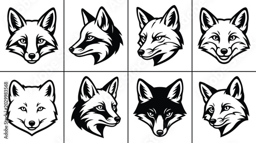 Foto Collection of eight black and white fox head featuring different angles and expr