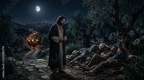 Jesus standing in Gethsemane garden while disciples sleep. Biblical scene representing prayer and betrayal. Dramatic night lighting with torches and moon, religious historical concept.
