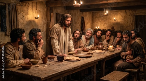 Jesus Christ standing at a wooden table with disciples during the Last Supper. Biblical scene representing a religious meal and communion. Historical reenactment of faith and tradition.