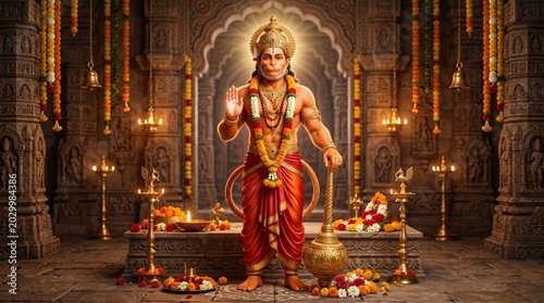 Lord Hanuman standing in ancient stone temple with traditional decorative garlands and oil lamps. Hindu deity sculpture representing strength and devotion for Hanuman Jayanti festival.